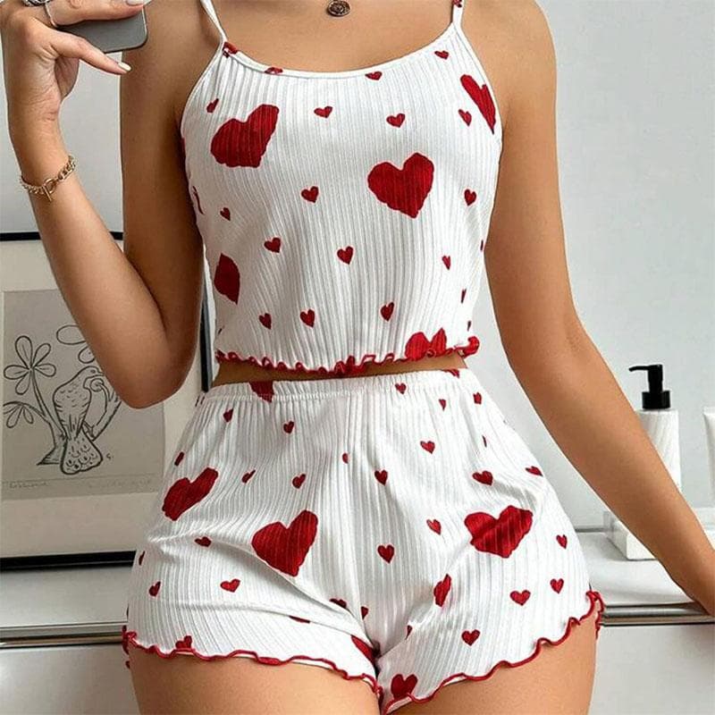 Women's Pajamas Set Sleepwear 2 PCS Short Tank Tops and Shorts White Ventilate Soft Casual Love Printing M red
