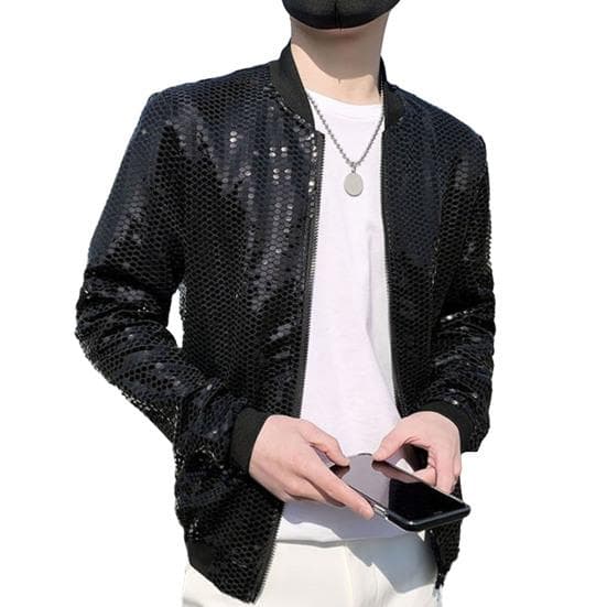 Men Coat Fashionable Baseball Uniform Style Sequined Jacket Stand Collar Thin Coat 3XL black