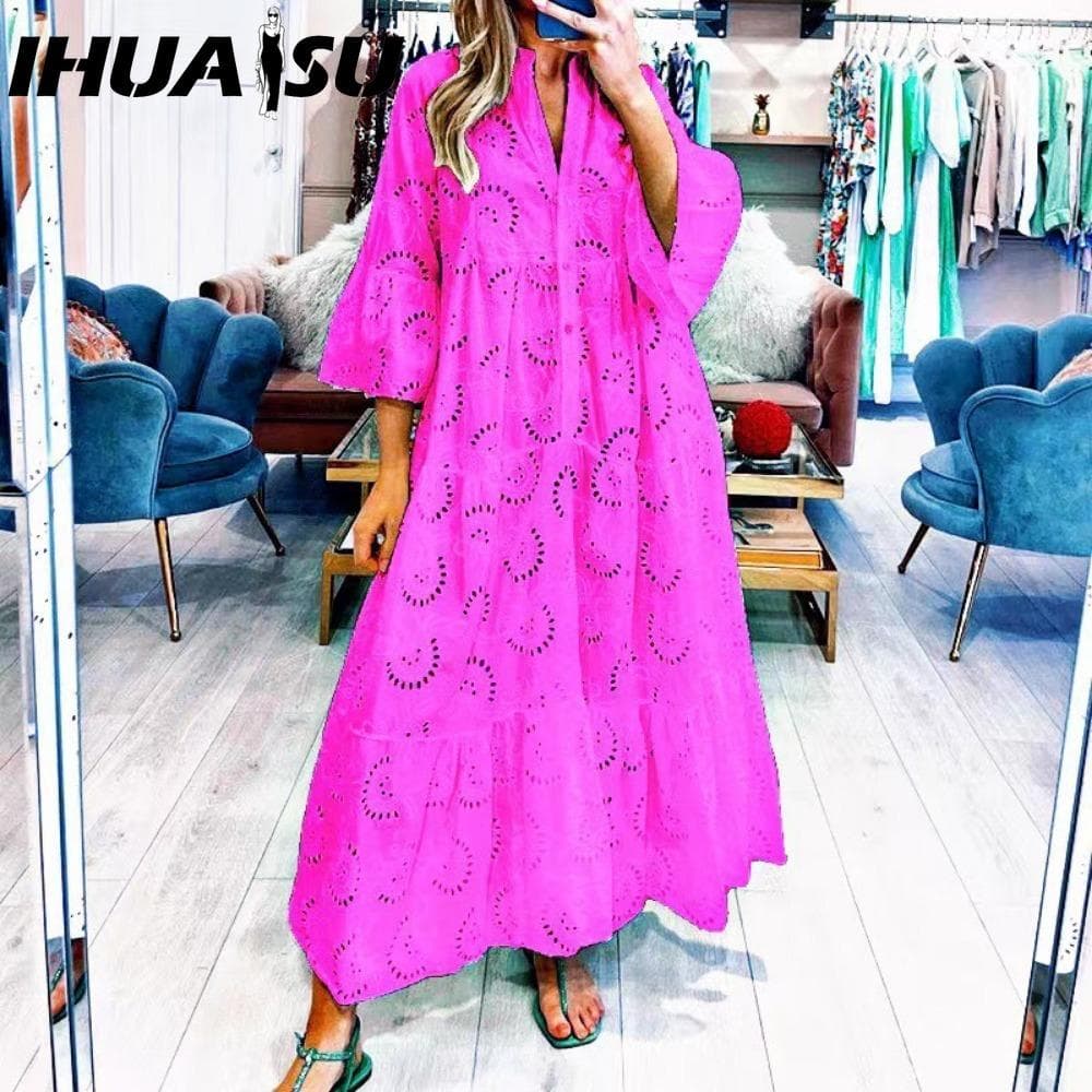 IHUASU 8 Colors S-5XL Women's Fashion Summer Spring Solid Color Print 3/4 Sleeve V-Neck Casual Dresses XL rose red
