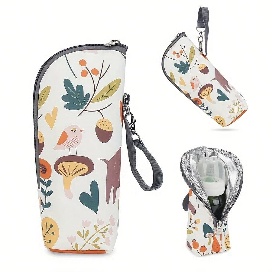 Portable Bottle Bag With Aluminum Mold For Insulation, A Mommy Bag Accessory For Keeping Bottles Warm While On The Go, Featuring A Random Print Design