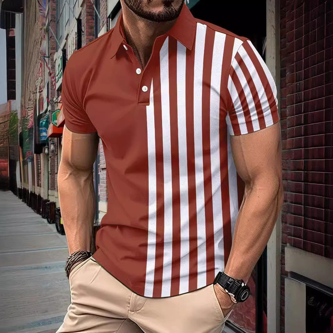 New summer new men's short-sleeved polo shirt striped printed lapel polo shirt men's T-shirt tops XL chocolate