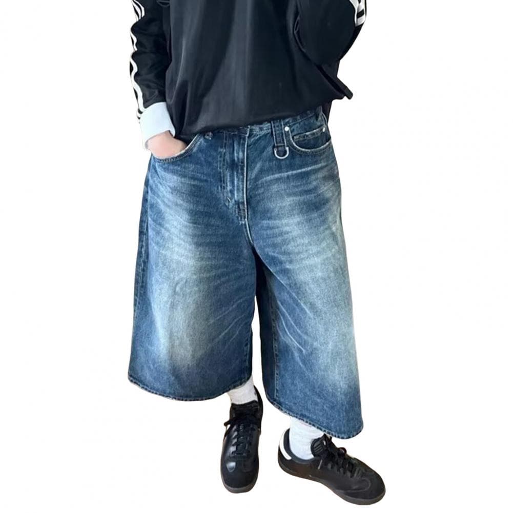 Men Women Denim Shorts Mid-rise Button Zipper Fly Wide Leg Thin Washed Denim Pants Retro Solid Color Short Jeans S blue