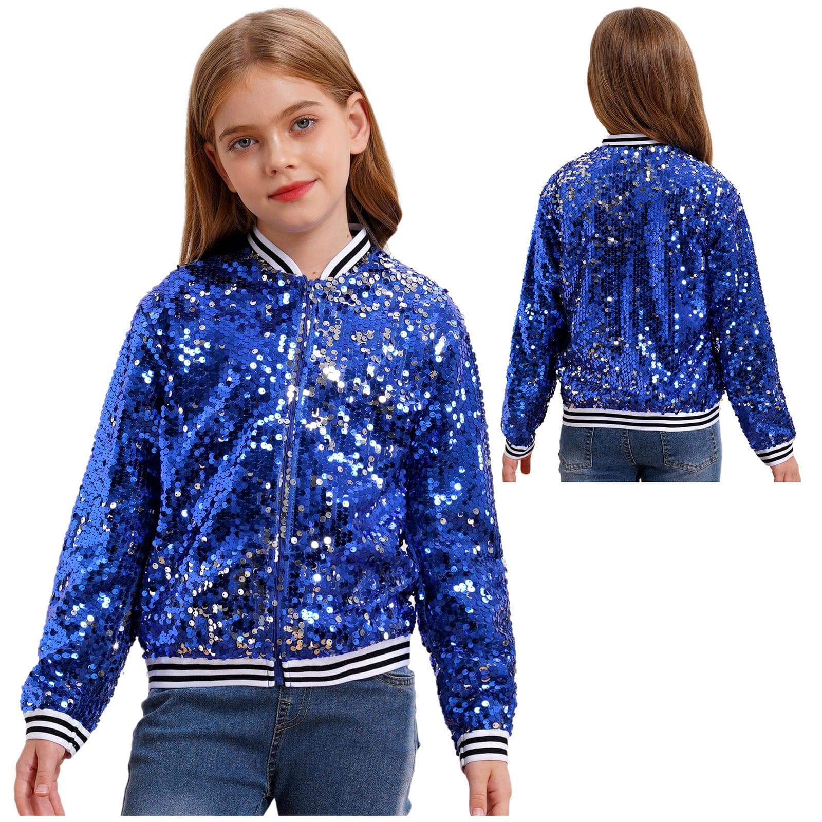 Boys Girls Baseball Jacket Coat Spring Autumn Fashion Sequins Long Sleeve Zipper Outerwear Street Dancing Party Bomber Jackets 11-12 Years royal blue