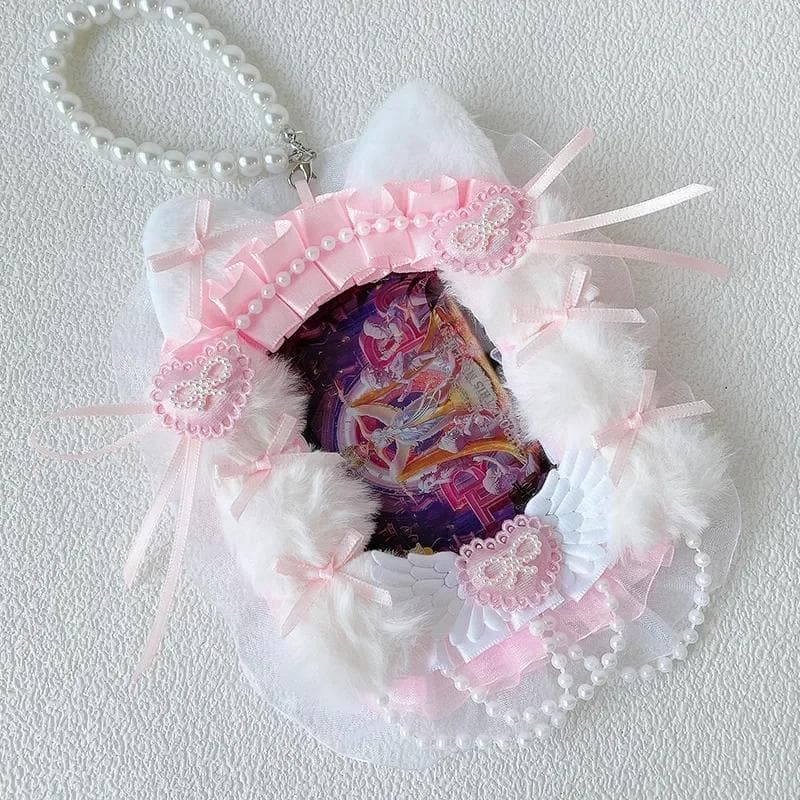 Korean Lace Bow Photocard Holder Furry Kawaii Bow Displaying Photo Card Cover Case with Lanyard Set Sweet Kids Gift Student