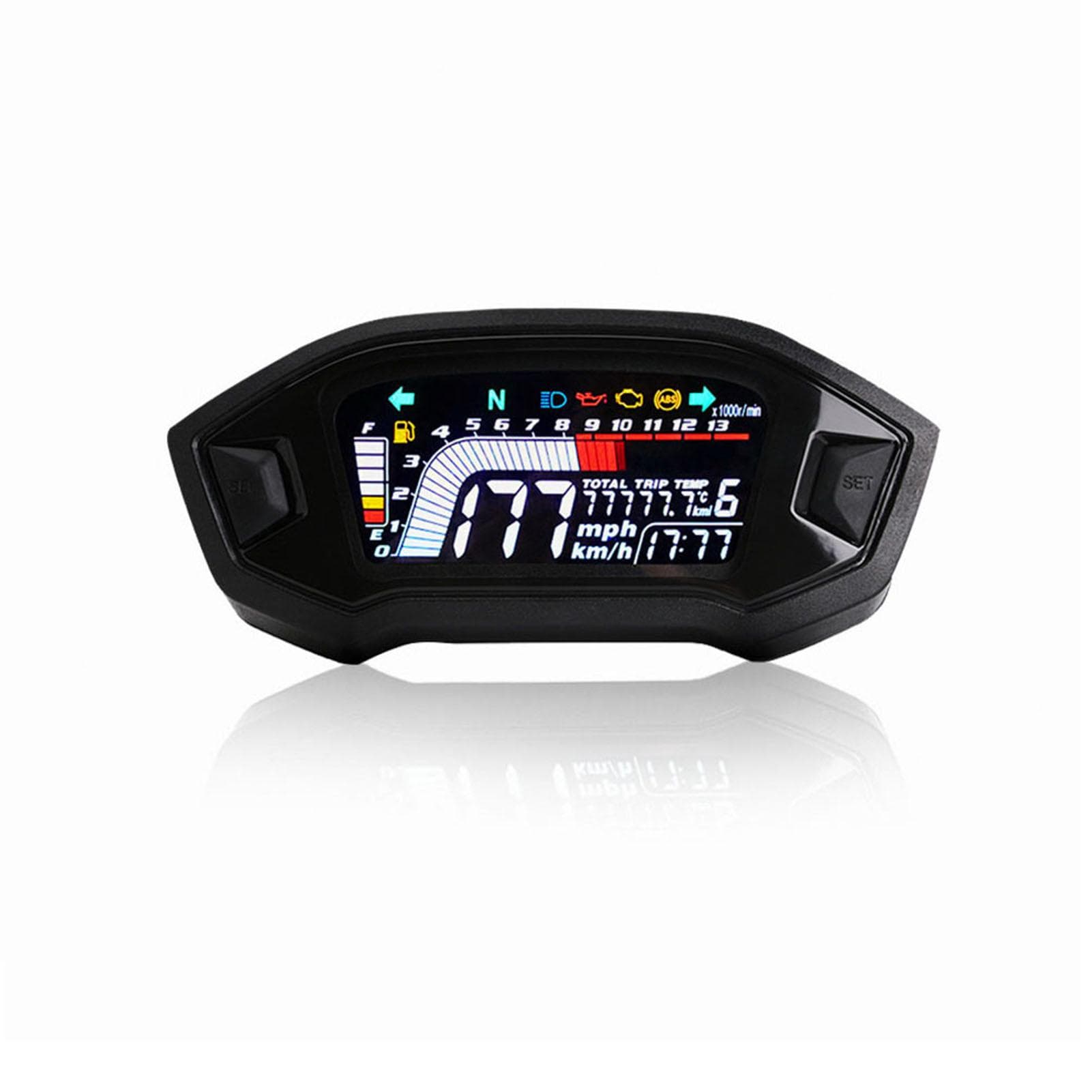 Motorcycle Speedometer Universal Tachometer LCD Digital Gauge Fuel Level Meter for 1,2,4 Cylinders black