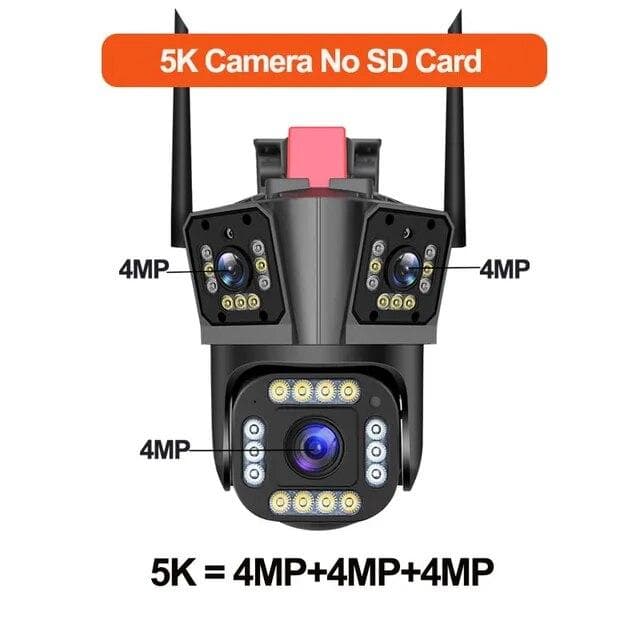 New 5K 12MP Security Camera WiFi 10X Zoom Outdoor Three Lens PTZ CCTV Monitor 2K Auto Tracking Protection Three Screen Surveillance AU Plug