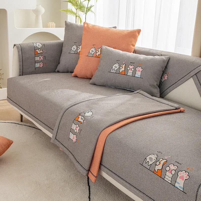 Cotton Linen Sofa Mat Universal Year-round Anti Slip Wear-resistant Settee Towel Cartoon Cat Paw Print Sofa Cover Pillowcase 70x70cm 1pcs