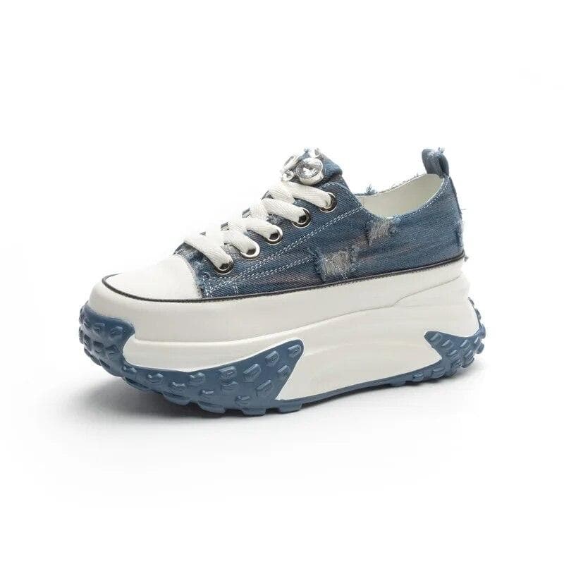 Fujin 6cm Denim Genuine Leather Platform Wedge Shoes Chunky Sneaker Casual Comfy High Brand Rhinestone Spring Bling Autumn Shoes 35