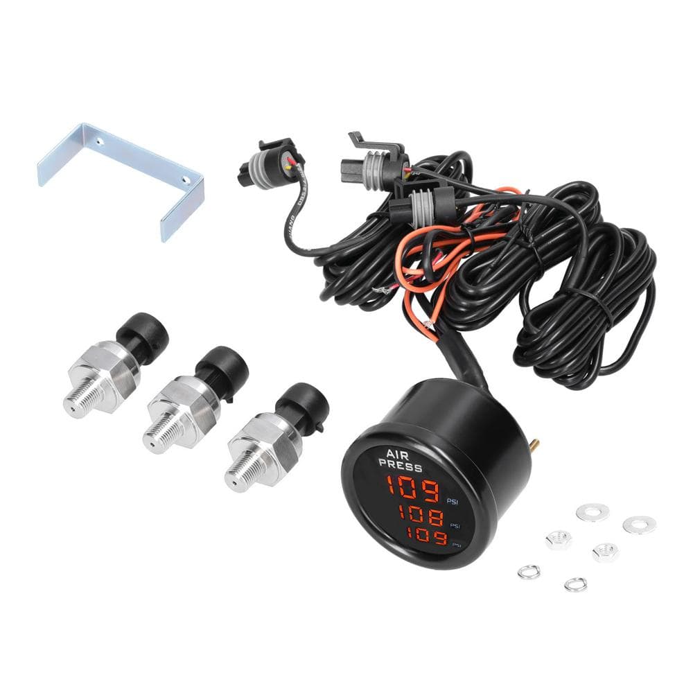 Triple Display Air Pressure Guage LED Digital Air Suspension Gauge 0220PSI with 3pcs 18NPT Sensors black
