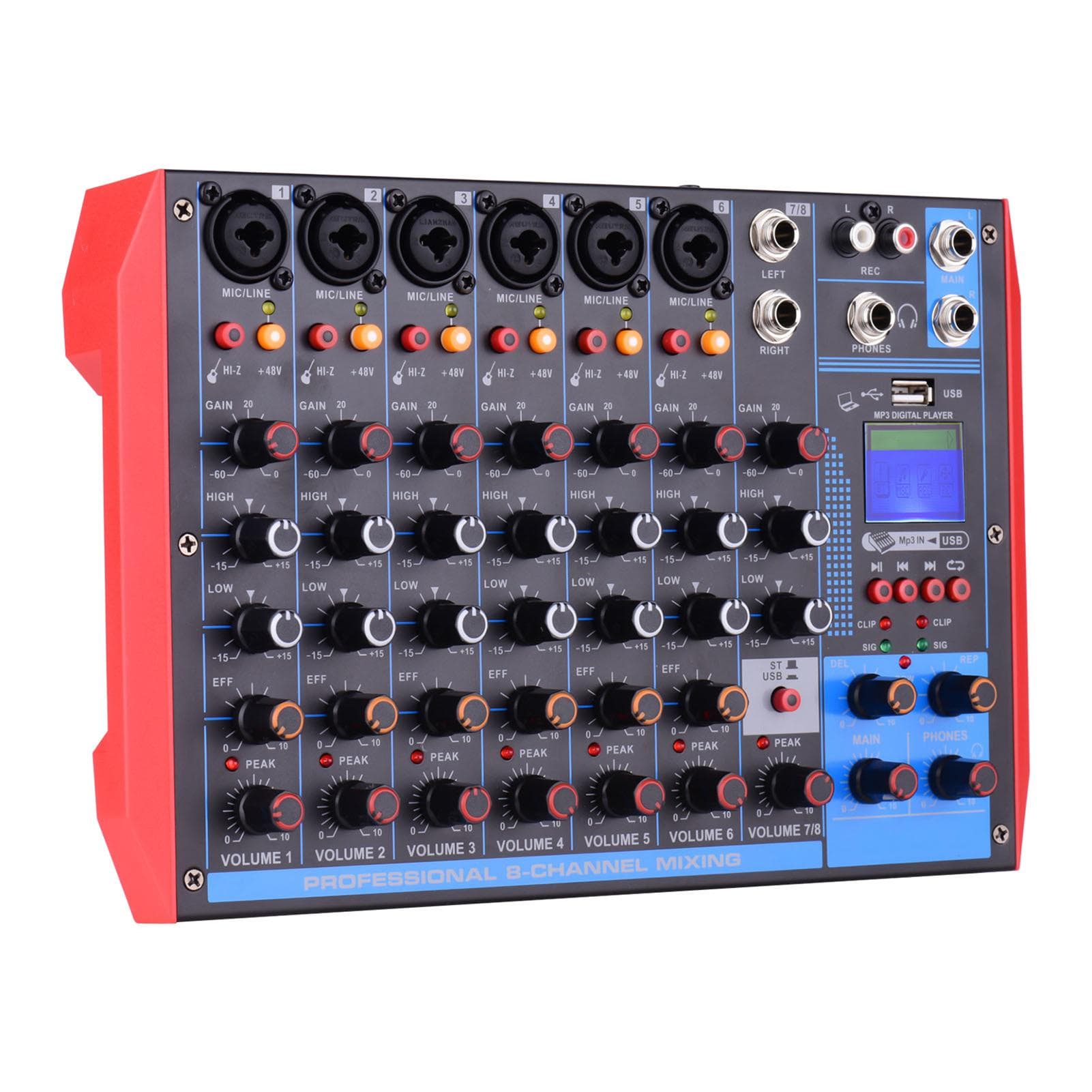 AG-8 Portable 8-Channel Mixing Console Digital Audio Mixer +48V Phantom Power Supports BT/USB/MP3 US Plug