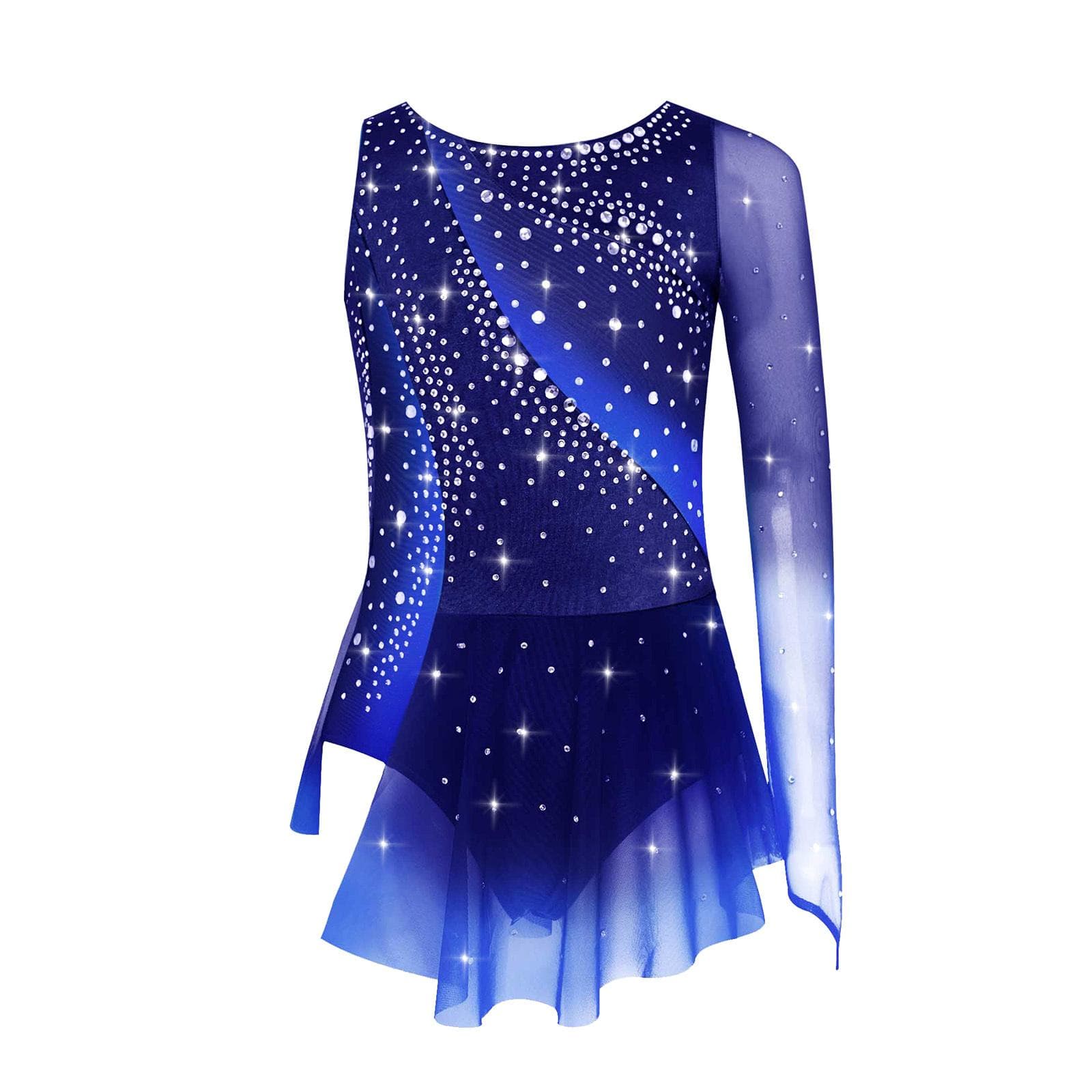 Kids Girls Rhythmic Gymnastics Dress Round Neck Asymmetrical Split Shiny Rhinestones Contrast Color Skirt 11-12 Years navy blue