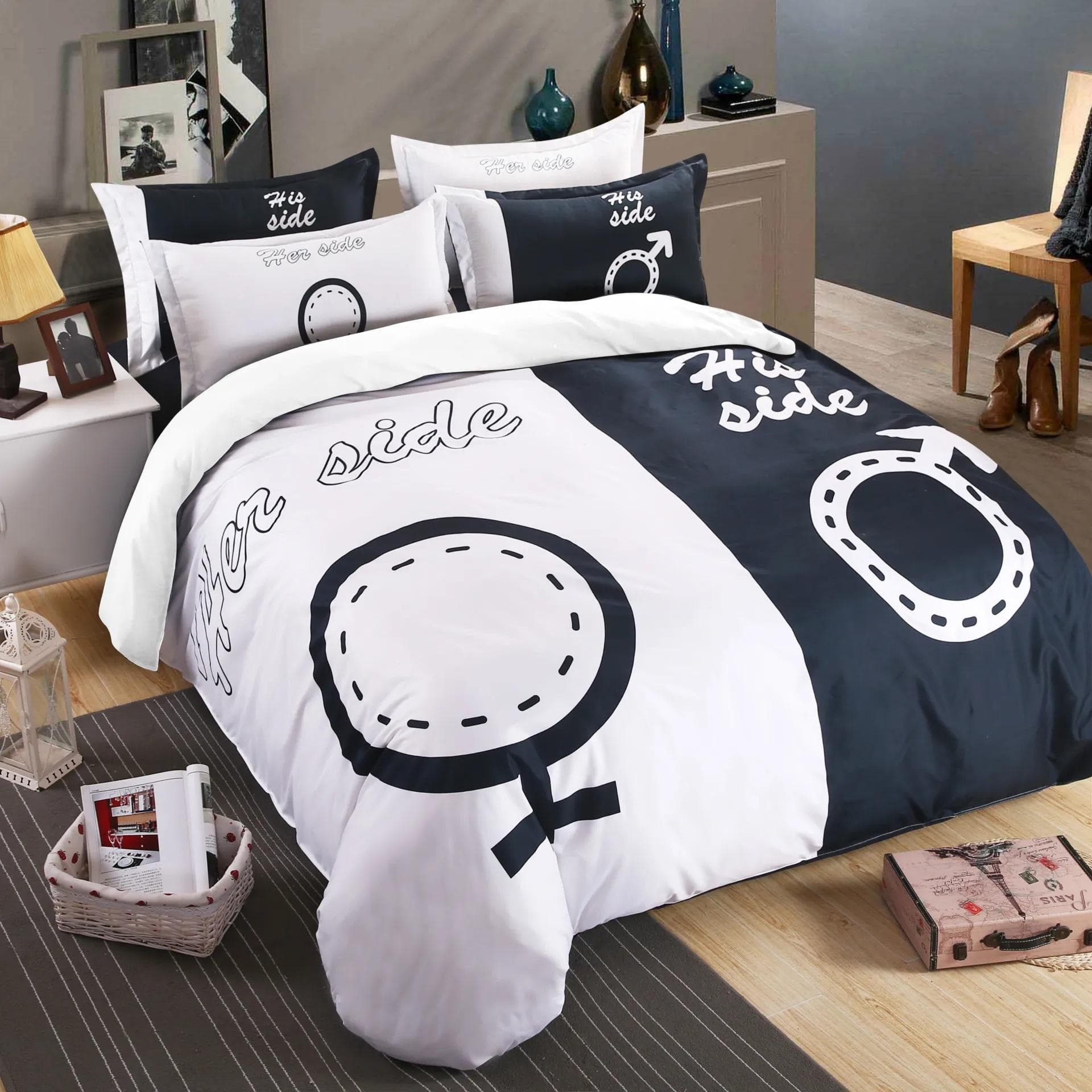 Big Boss Black N White His Her Valentine Bedding Set Duvet Cover Pillow Case King Queen Size Bed Linen Set EU Twin(135x200cm)
