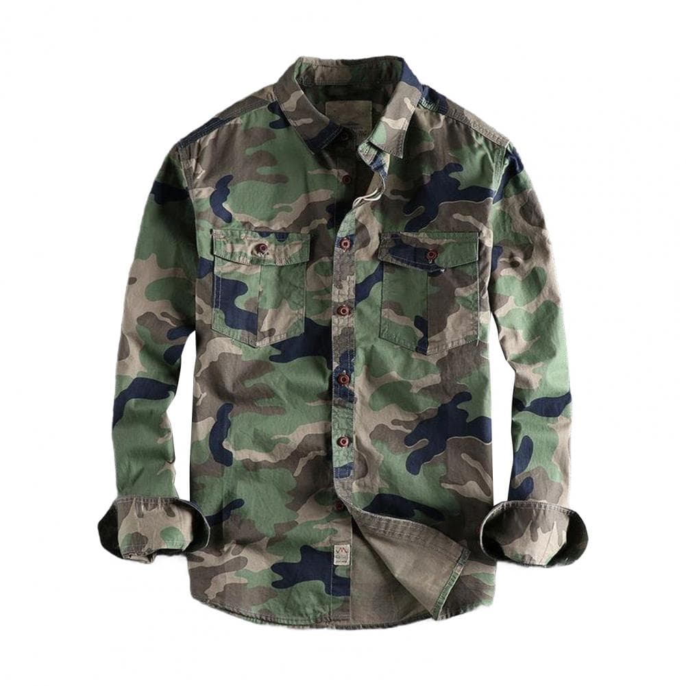 Spring Fall Men Shirt Camouflage Print Cargo Style Chest Pockets Wear-resistant Long Sleeves Turn-down Collar Button-down Outdoo M green