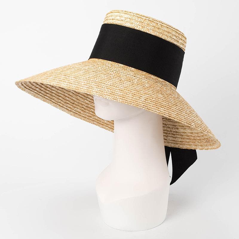 Summer straw hat pearl pin women's summer seaside sunshade hollow groove flat top straw hat  sombrero M55-58cm
