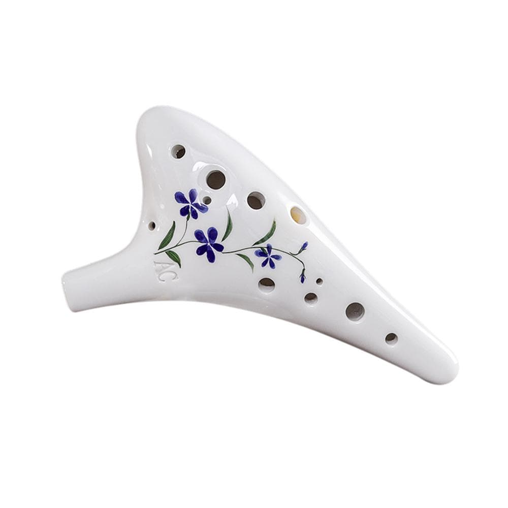 12 Holes Round Head Ceramic Ocarina Alto C Hand Painted Musical Instrument with Lanyard Music Score Blue Flower