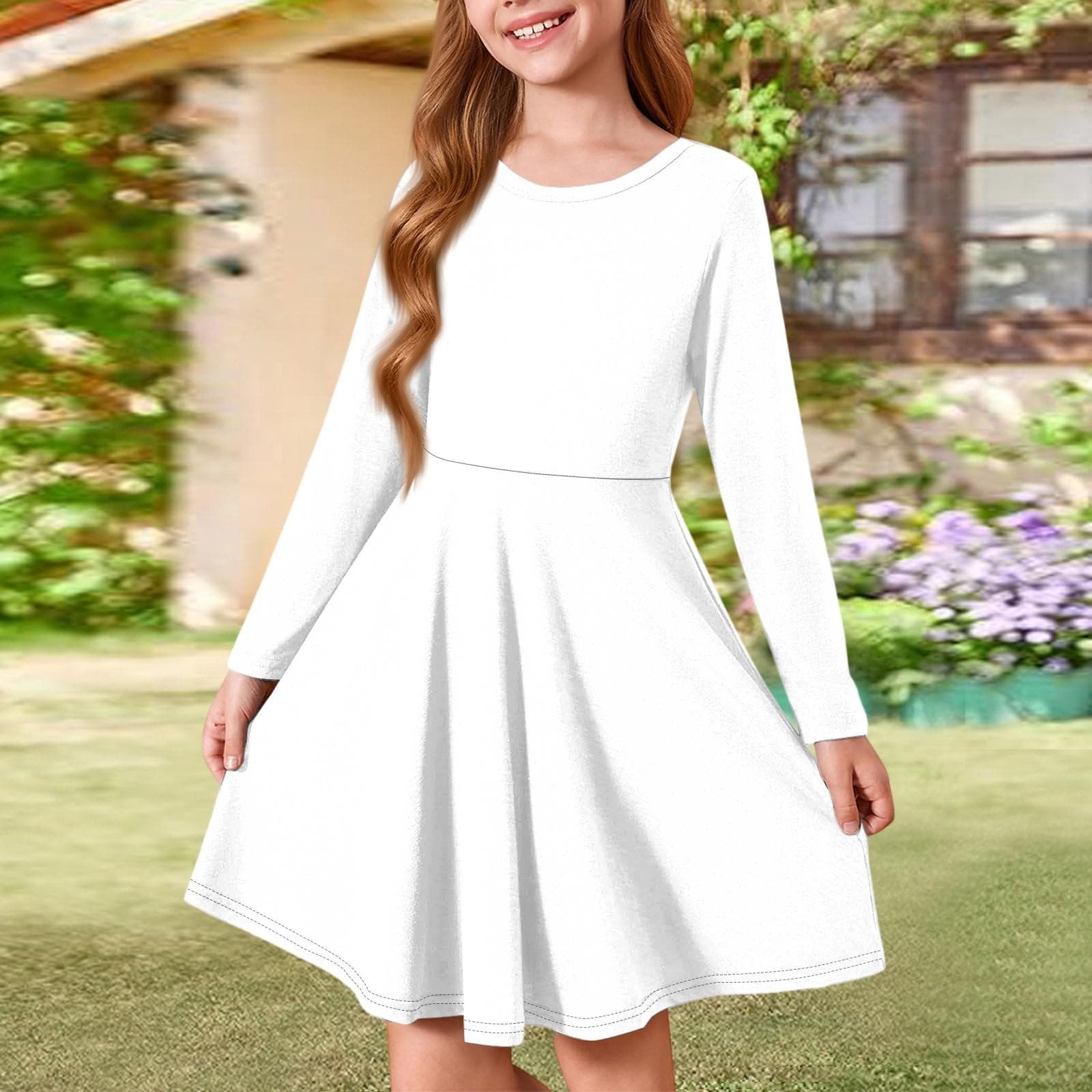 Girls' Summer Princess Dress - Long Sleeve A-Line T-Shirt Dress 140 white
