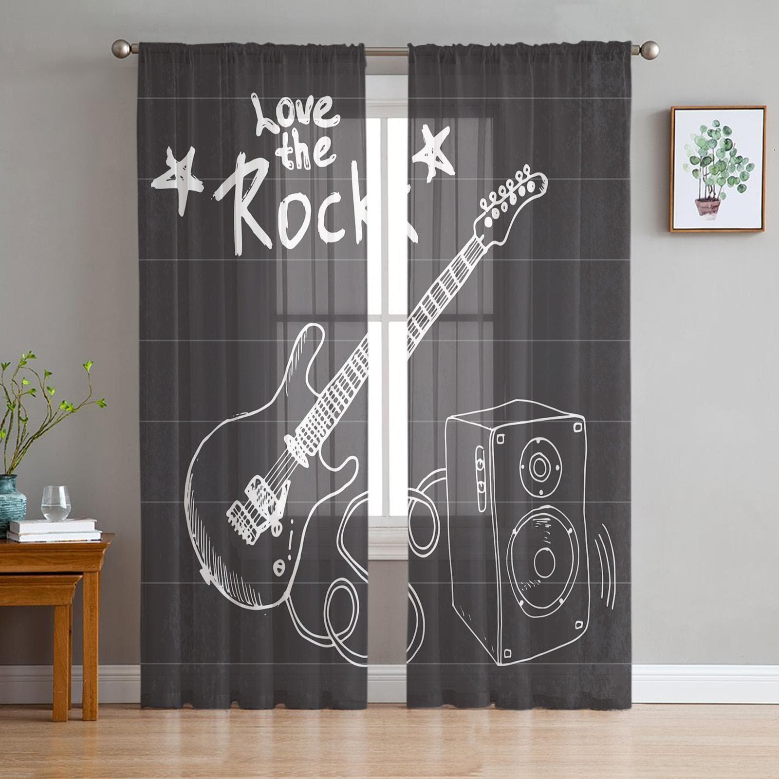 Rock Guitar Music Sheer Curtains for Living Room Voile Curtain Bedroom Bathroom Tulle Curtains Window Drapes 135W x 160H(cm)
