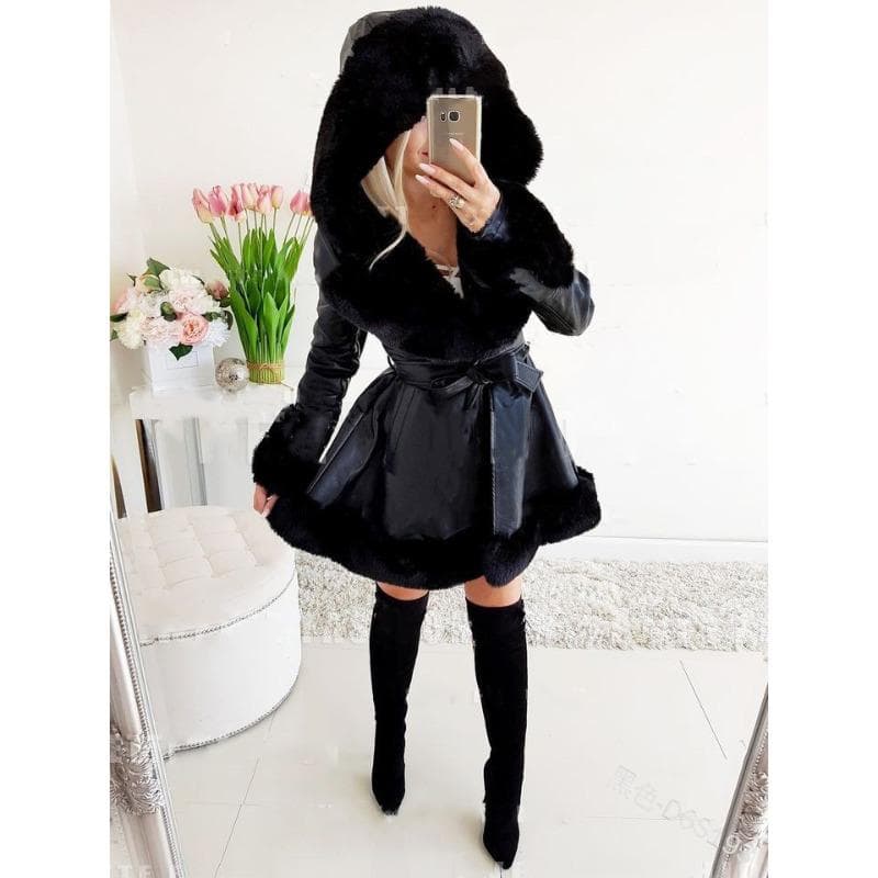 Lapel Small Fragrant Wind Fur Splicing Jacket Women's Winter Warm Ruffle Edge Hooded M