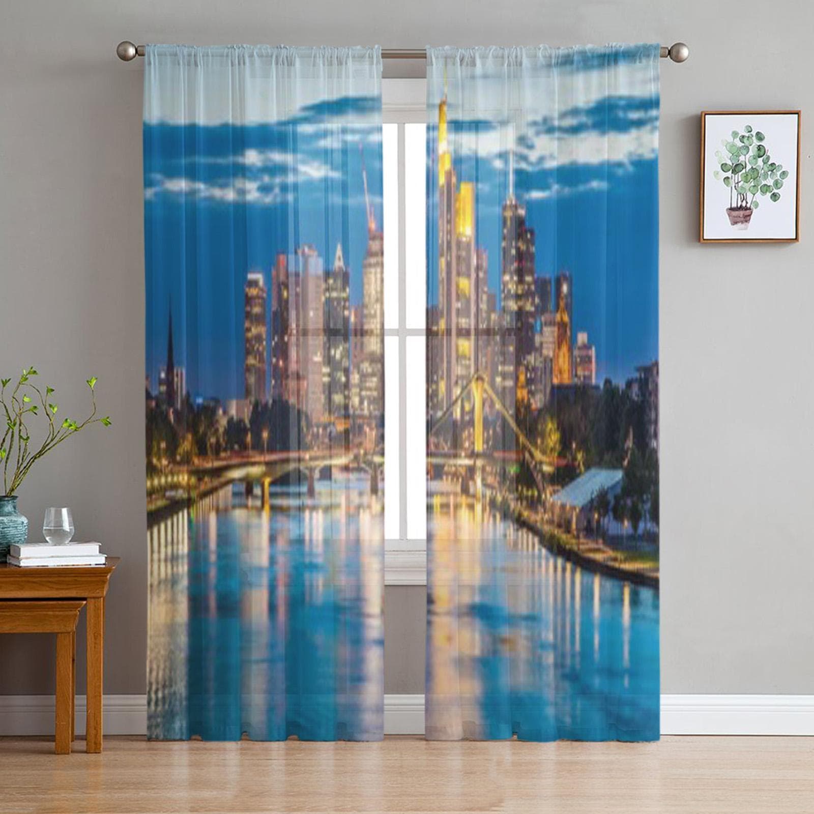Frankfurt Am Main Skyline At Dusk Germany Tulle Sheer Curtains for Living Room Bedroom Kitchen Decoration Voile Organza Curtains 135W x 114H(cm)