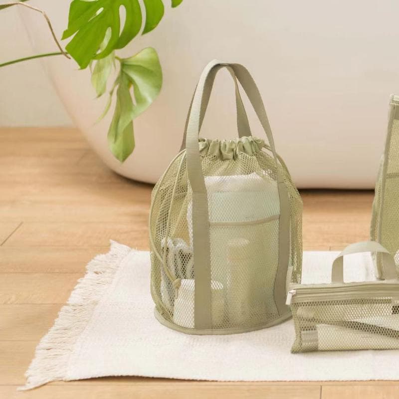 Travel Large Capacity Mesh Nylon Cosmetic Bag Organizer Foldable Casual Mesh Drawstring Bags Rope Bundle Pocket Swim Washing Bag army green