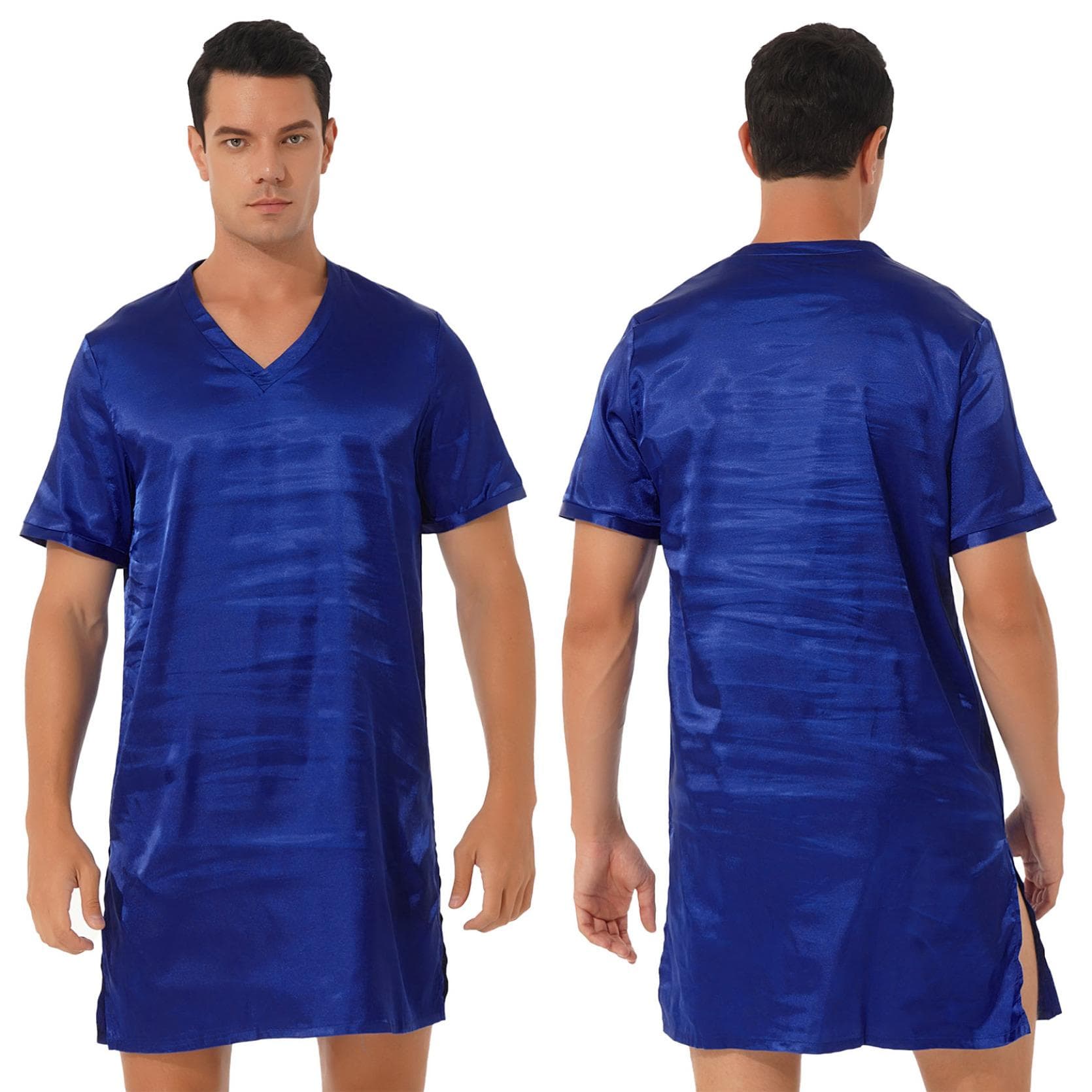 Sleepwear Mens Silk Satin Nightshirt Short Sleeve Pajamas Nightgown Night Shirts for Sleeping XXL royal blue