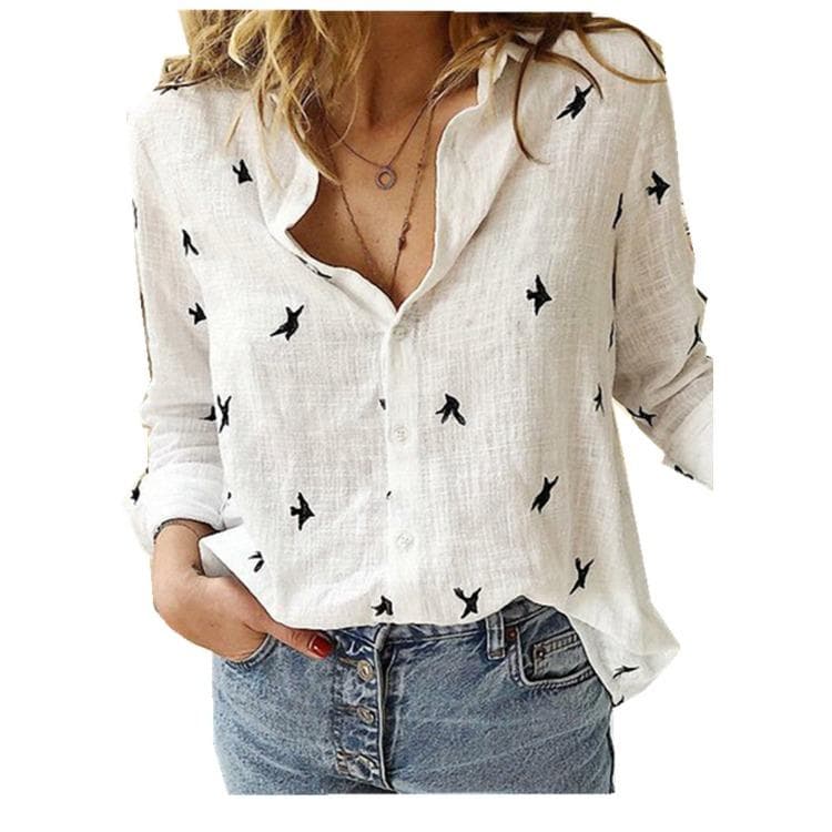 GMXIA Women's Fashion Casual Solid Color Print Long Sleeve POLO Neck Loose T-shirts and Linen Shirt Tops M