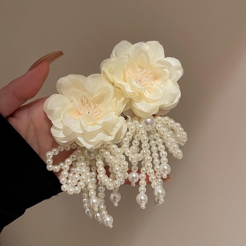 Fashion Bohemian White Pink Big Cloth Flower Earrings for Women Statement Jewelry Handmade Imitation Pearl Bowknot Tassel Pendientes yellow