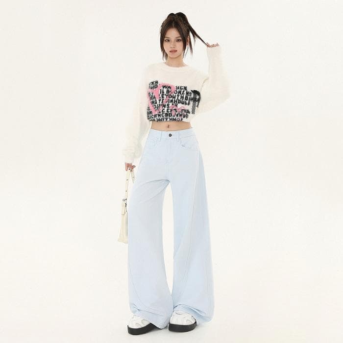 Early Autumn Design Sense High Waist Loose Straight Wide-leg Pants Design Sense Playful Sky Blue Floor Jeans for Women 2XL