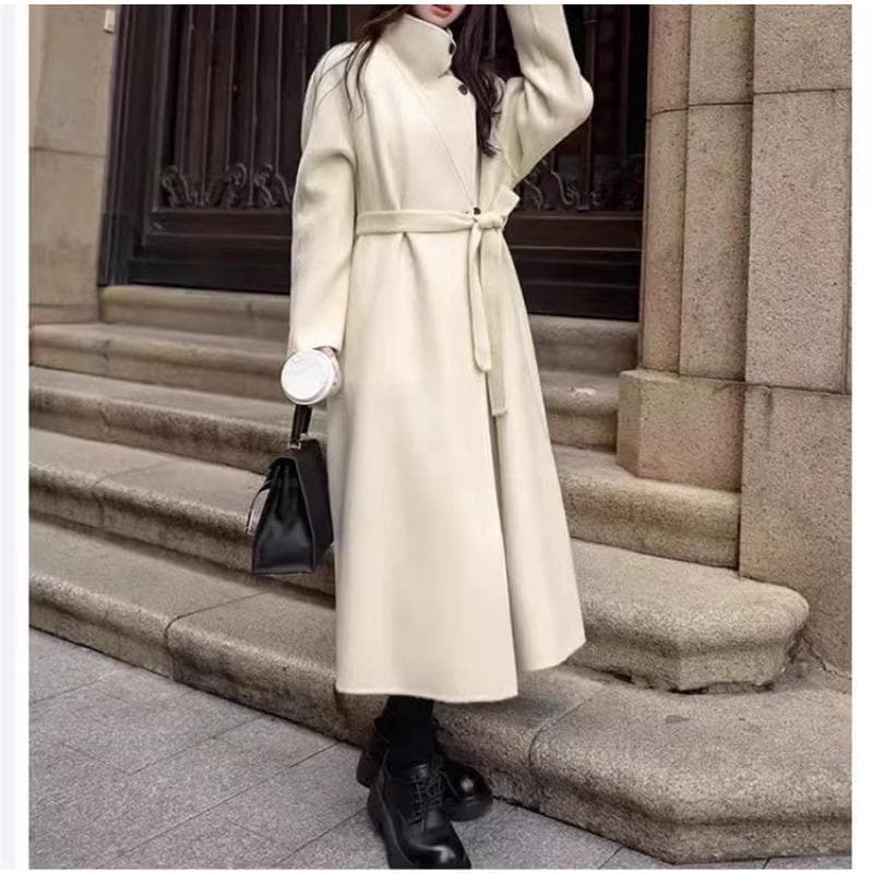 Stylish and Versatile Commuter Loose Long Double-sided Wool Coat for Women with Stand Collar S