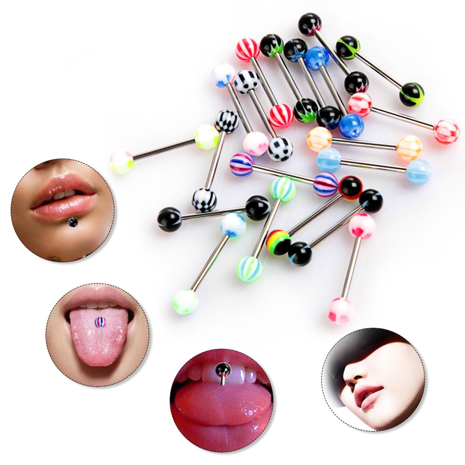Ball Tongue Rings Stainless Steel Acrylic Fashionable Piercing Barbell Body Piercing Jewelry 20Pcs multicolour