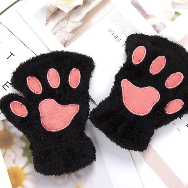 Kawaii Cute Cat Paw Fluffy Claw Fingerless Gloves Warm Soft Plush Women Half Finger Plush Mittens Winter Wear Christmas Gifts One Size black