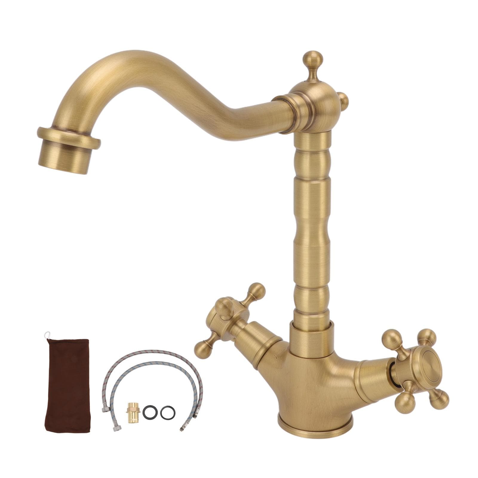 European Antique Brass Bathroom Faucet Double Handle Cross Knob Kitchen Faucet Hot Cold Water Tap