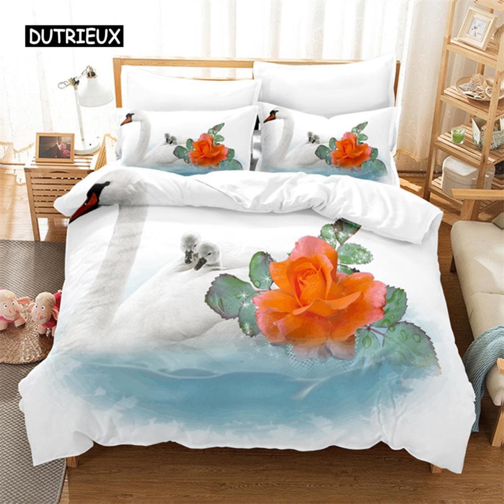 Swan Rose Queen Bedding Set Duvet Cover Set Bedding Digital Printing Bed Linen King Size Duvet Cover Set Bedding Sets EU single(135x200cm)