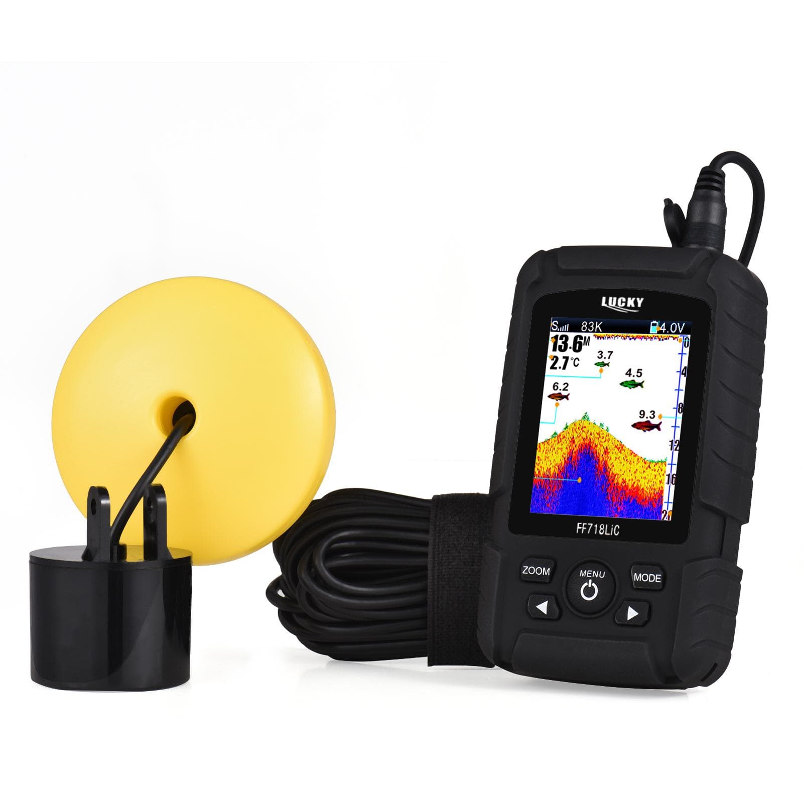 Portable Fish Finder Handheld Wired Fish Depth Finder Sonar Transducer for Boat Kayak Fishing black