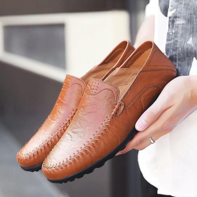 Men's 2025 Spring/Summer Breathable Leather Loafers - Casual, Fashionable, Round Toe Slip-ons 42 yellow/brown