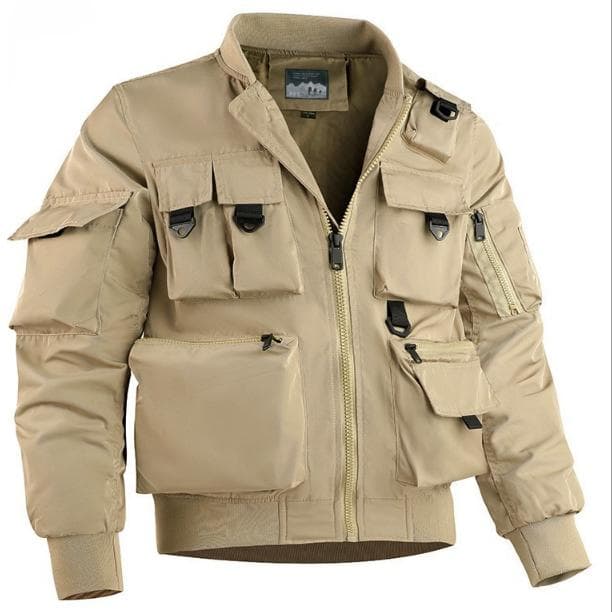 Pilot Jacket, Men's Baseball Jacket, Functional Multi Pocket Jacket, European and American Submachine Jacket, Workwear Top XXL khaki