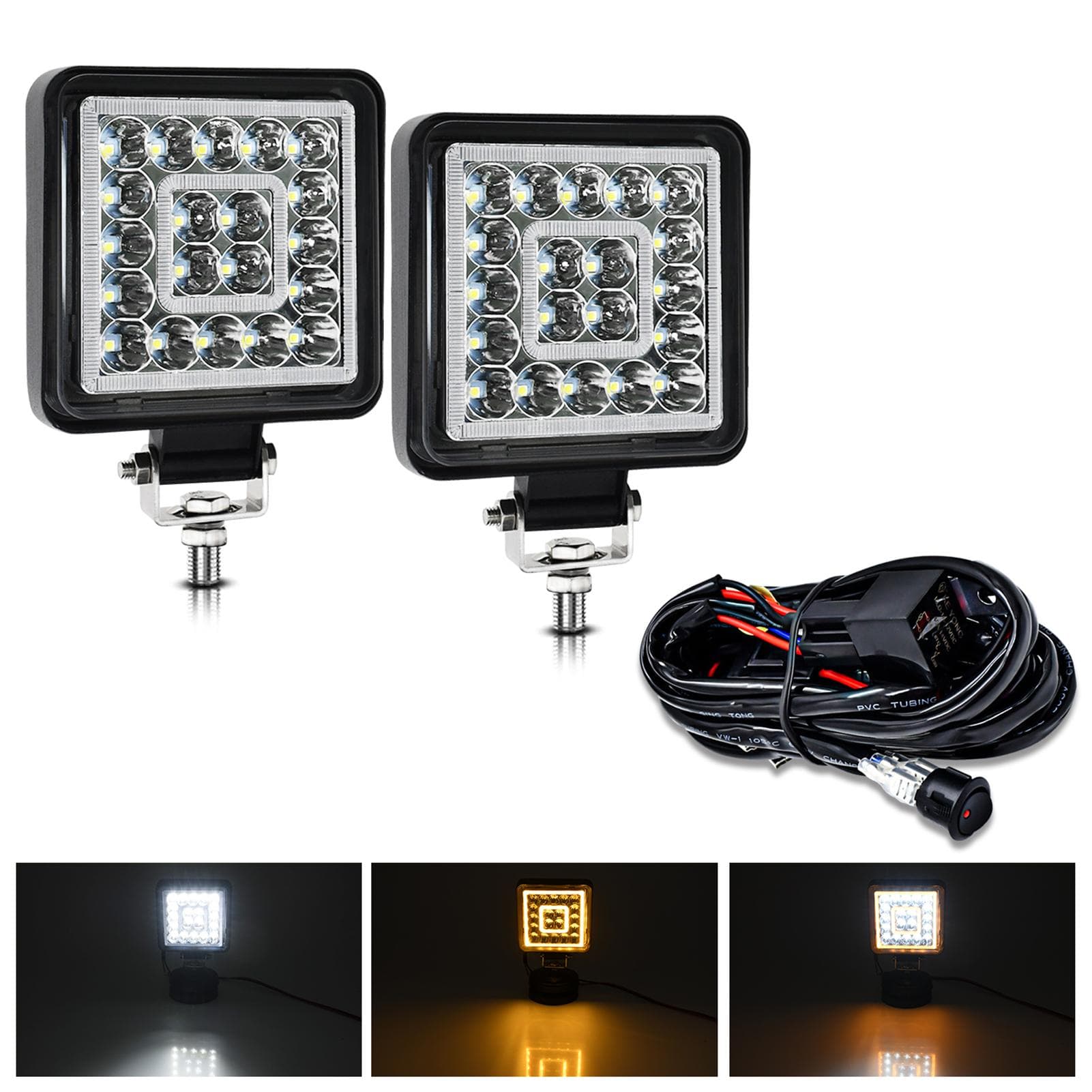LED Light Bar, 2PCS 4 Inch 160W LED Work Lights, Waterproof Round Off Road Driving Lights with Square black