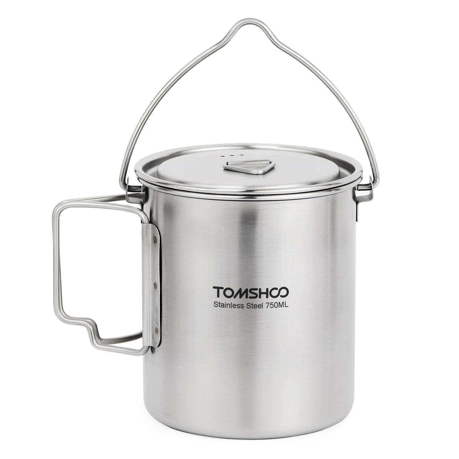 TOMSHOO 750ml Stainless Steel Pot Portable Water Mug Cup with Lid and Foldable Handle Outdoor Camping Cooking Picnic Pot