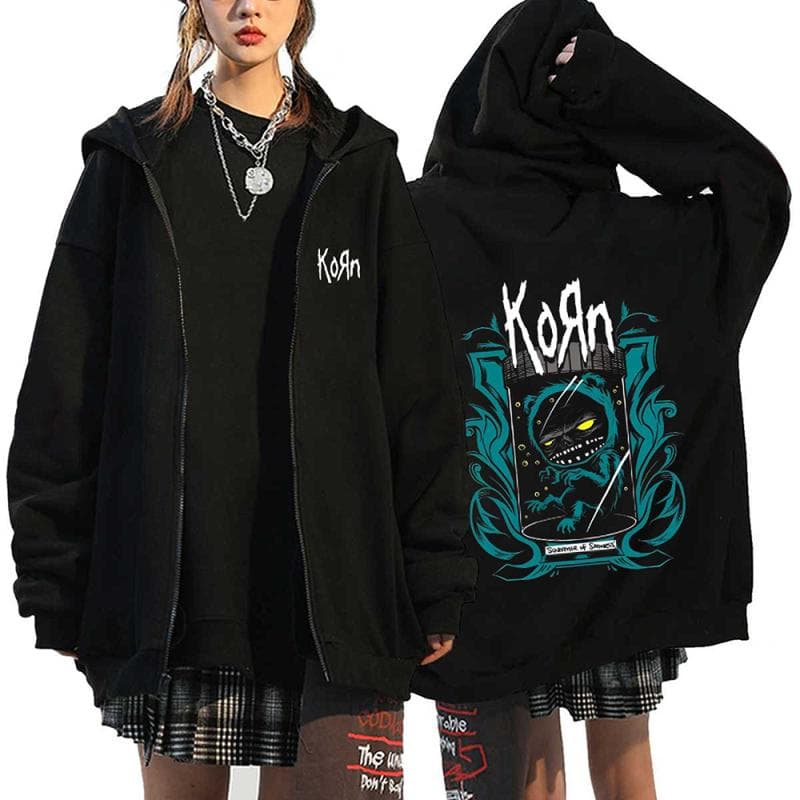 Korn Rock Band Print Zipper Hoodies Metal Music Men's Zip Up Jackets Hip Hop Streetwear Sweatshirts Unisex Y2K Cardigan Coats L