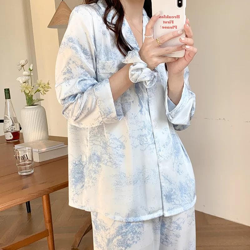 Long Sleeve Pajamas Trouser Suits New Chinese Style Sleepwear Jacquard Lounge Wear Spring Summer Casual Satin Home Wear Pyjama XL blue