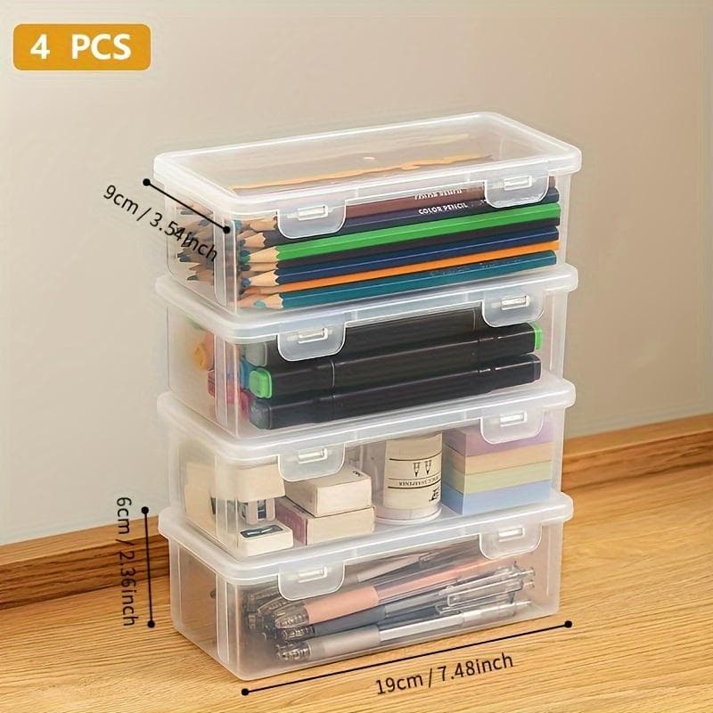 4pcs Plastic Clear Storage Box, Desktop Pen Pencil Marker Box, Flip Organizer With Hinged Lid, Back To School Supplies, Office Storage Box 4pcs