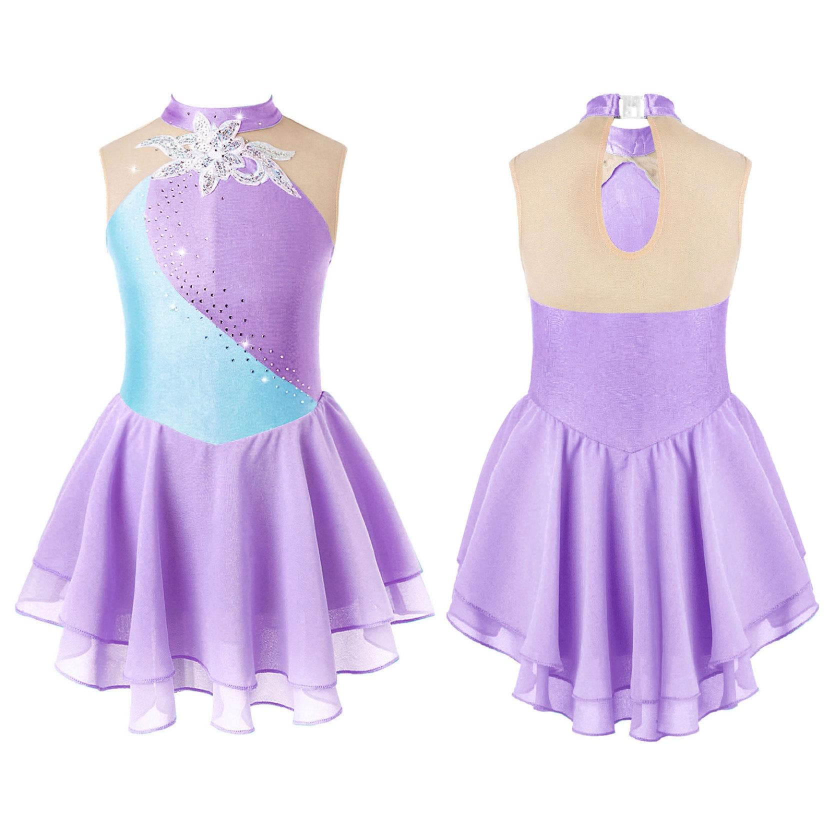 Gymnastics Leotards for Girls Sleeveless Rhinestone Ice Skating Dress Floral Dance Dresses 9-10 Years lavender
