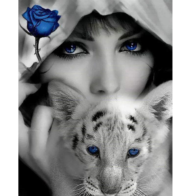 Diy Woman Tiger Diamond Painting Diamond Embroidery Round Diamond Mosaic Black White Picture 20X30CM