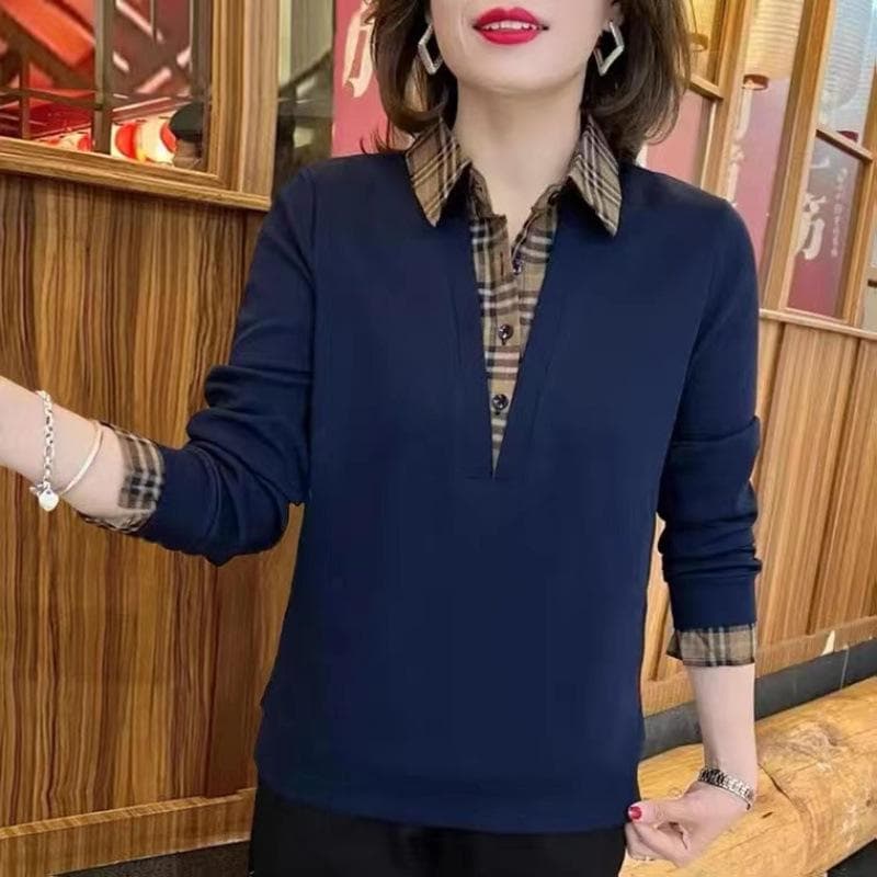 YYFS Women's Fashion Casual Spring Fall Plaid Print Long Sleeve POLO Neck Blouses & Shirts L