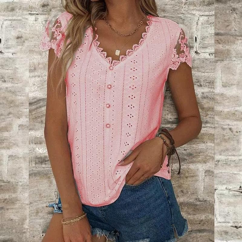 Summer Women's T-shirt Fashion Loose Solid Color Lace V-neck Short-sleeved T-shirt Tops L pink