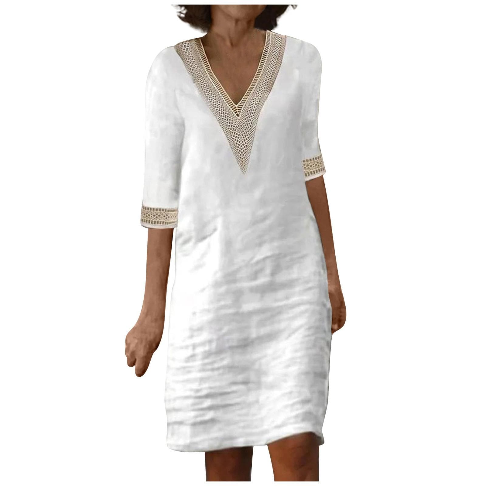 (Spicy chicken)Ladies Lace Stitching V Neck Embroidered Exquisite Embroidered Lace Short Sleeve Cotton Linen Dress Summer Linen  Dress L white