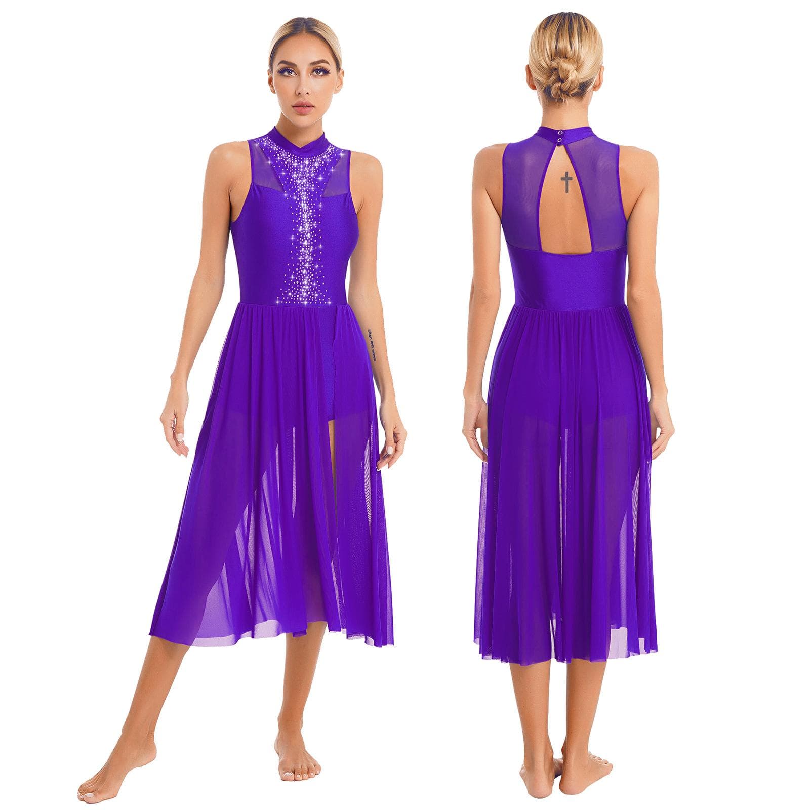 Women Lyrical Dance Costume Contemporary Dance Leotard Dress Dancewear Performance Costume M purple