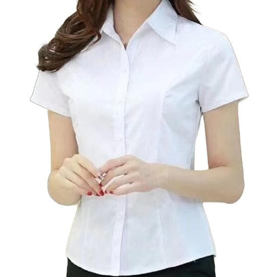 Women Shirt Lapel Short Sleeve Buttons Placket Shirt Tops Solid Color Slim Fit Office Business Shirt Workwear 3XL white