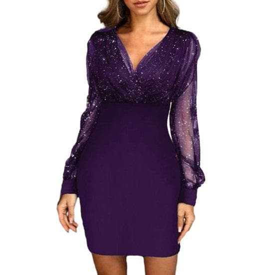 Women Evening Dress V Neck See-through Mesh Patchwork Long Sleeve Shiny Slim Fit Tight Waist Sheath Solid Color Party Prom Mini Dress S purple