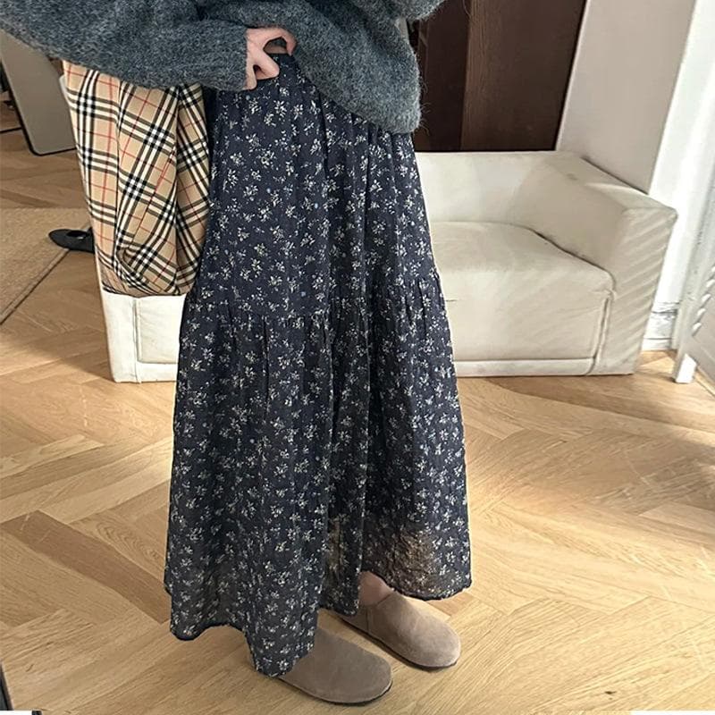 Retro Floral Skirt for Women In Spring and Summer New Small A-line Umbrella Skirt Chiffon High-waist Cake Skirt S navy blue